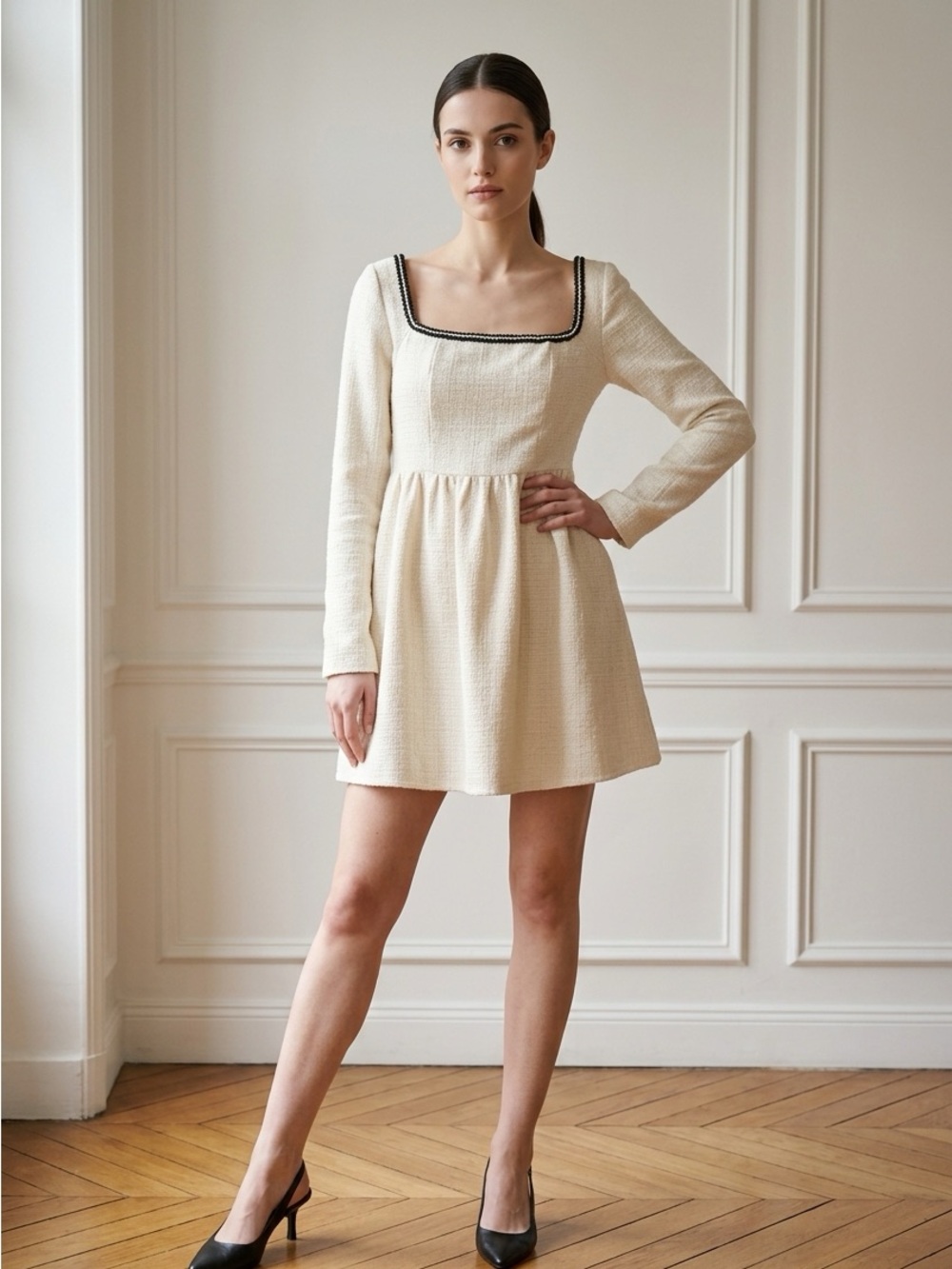 Cider Cream Square-Neck Long Sleeve Mini Dress with Black Trim